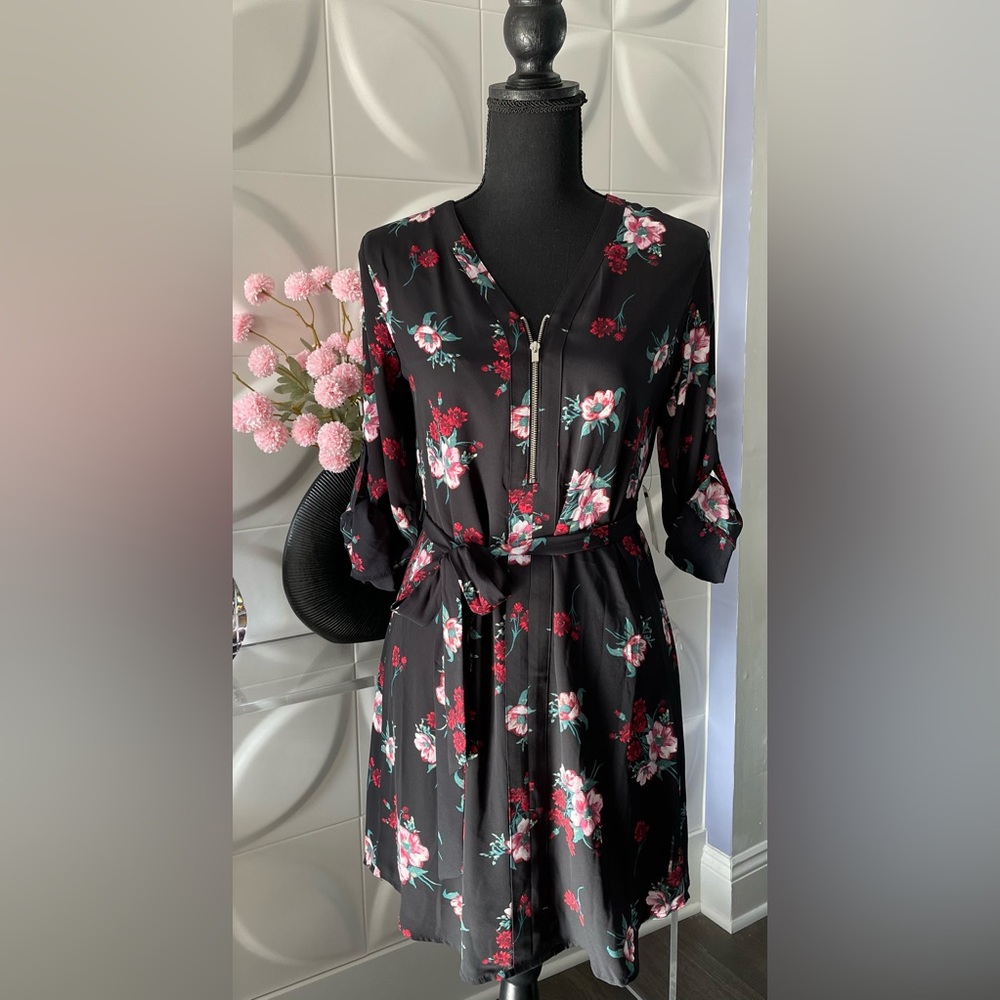 Express Women's Pink Floral on Black Dress with Sash Size XS